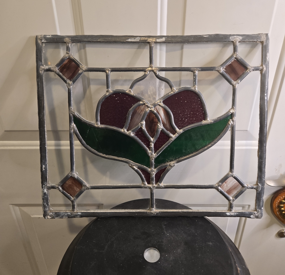 Vintage Stained Glass Leaded Floral Panel in Green, Pink and Plum Heavy